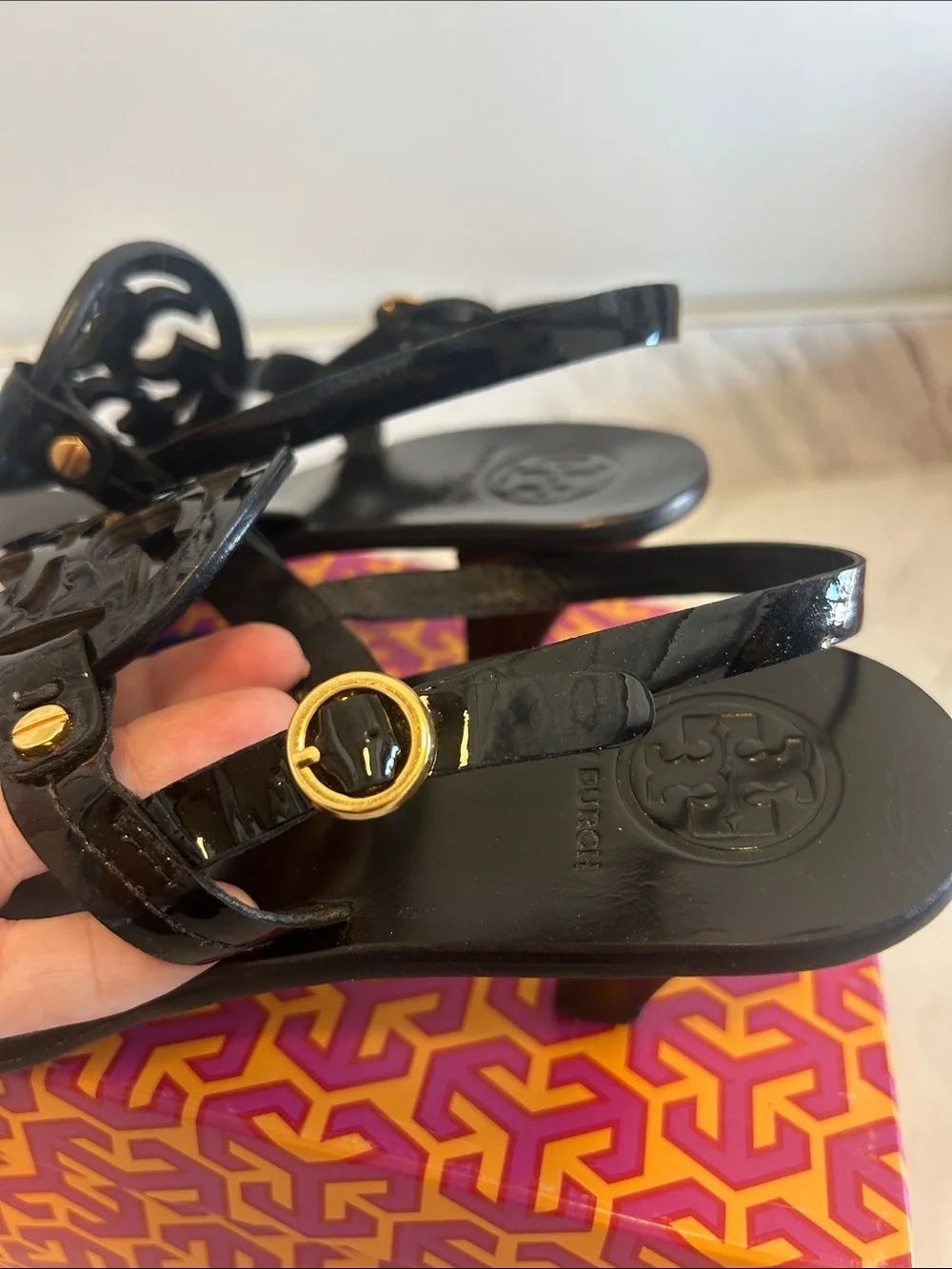 Tory Burch holly black Logo-Sandals with 2 inch heel and Gold Accents